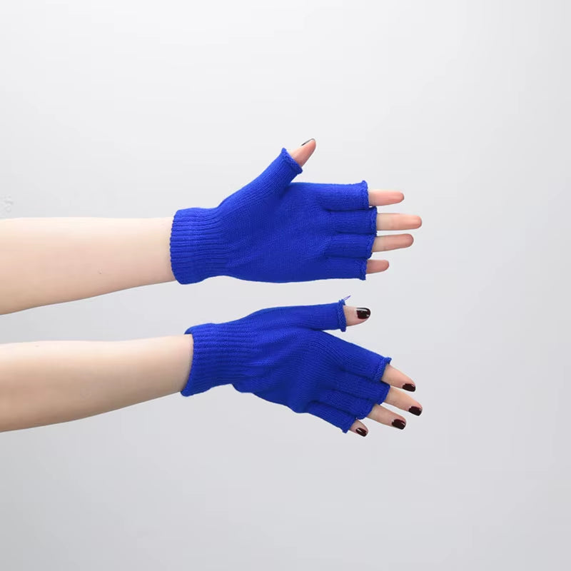 1Pair Black Short Half Finger Fingerless Knit Wrist Glove Winter Warm Stretch Work Gloves for Women and Men Cycling Accessories
