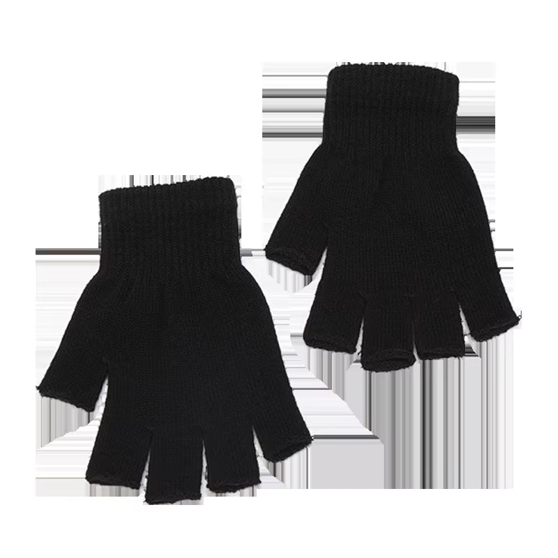 1Pair Black Short Half Finger Fingerless Knit Wrist Glove Winter Warm Stretch Work Gloves for Women and Men Cycling Accessories
