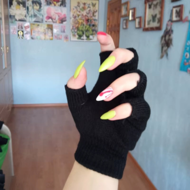 1Pair Black Short Half Finger Fingerless Knit Wrist Glove Winter Warm Stretch Work Gloves for Women and Men Cycling Accessories