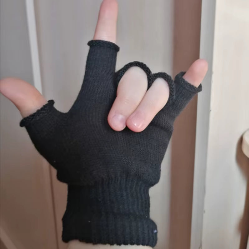 1Pair Black Short Half Finger Fingerless Knit Wrist Glove Winter Warm Stretch Work Gloves for Women and Men Cycling Accessories