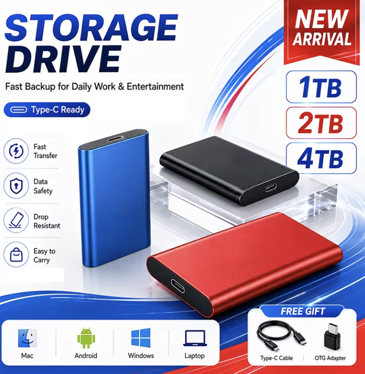 Portable SSD External Harddrive shown in blue, black and red